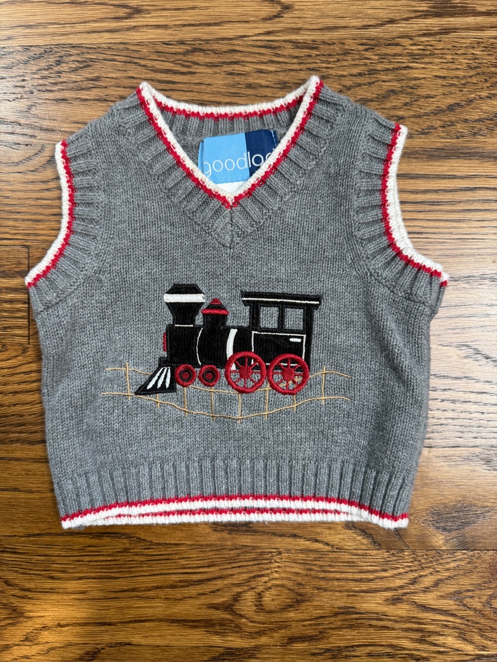 Goodlad Baby Boys Gray Train Knit Vest 100% Cotton Red & White Trim Size 3-6